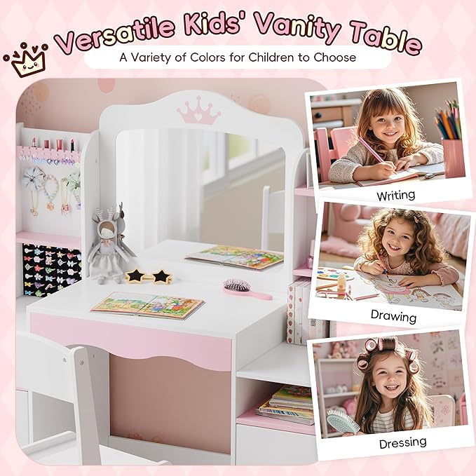 Kids Vanity, Girl Vanity Set with Storage Cabinet & Open Shelf, 2 In 1 Kids Vanity Table and Chair Set with Jewelry Storage, Princess Toddler Makeup Vanity with Mirror for Little Girls (White)