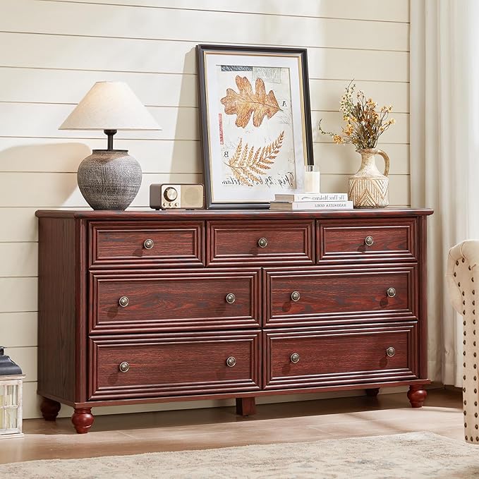 Farmhouse Dressers & Night Stand Set of 4, Wood 54" Wide 7 Drawer Dresser & 35" Tall Chest of Drawers, 18" Roman Column Nightstand Set of 2, Bedroom Furniture Dresser Sets for Home Living Room Hallway