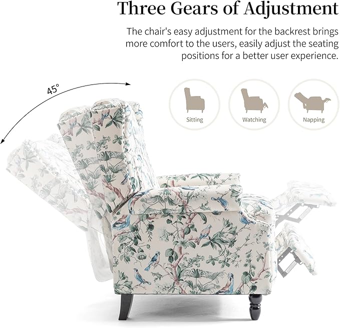 Wingback Recliner Chair, Floral Fabric Pushback Recliner Chair, Upholstered Armchair Push Back Recliner, Rivet Trim Single Sofa Accent Chair with Wood Legs for Living Room, Bird
