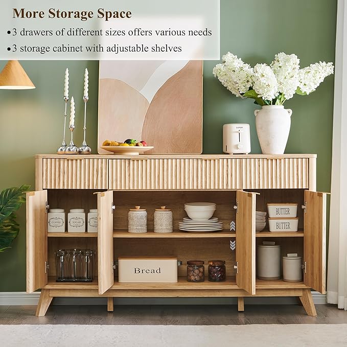 OKD Fluted Storage Cabinet with Drawers, 60" Morden Buffet Sideboard Coffee Bar Cabinet with 4 Doors and 3 Drawers for Dining Room, Living Room,Hallway (Natural Oak)