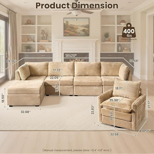 130" Modular Sofa with Swivel Chair & Ottoman, Modern Cloud Sectional Couch Plush Corduroy 5 Seater Deep Seat Sofas Set & Accent Armchair for Living Room, Beige