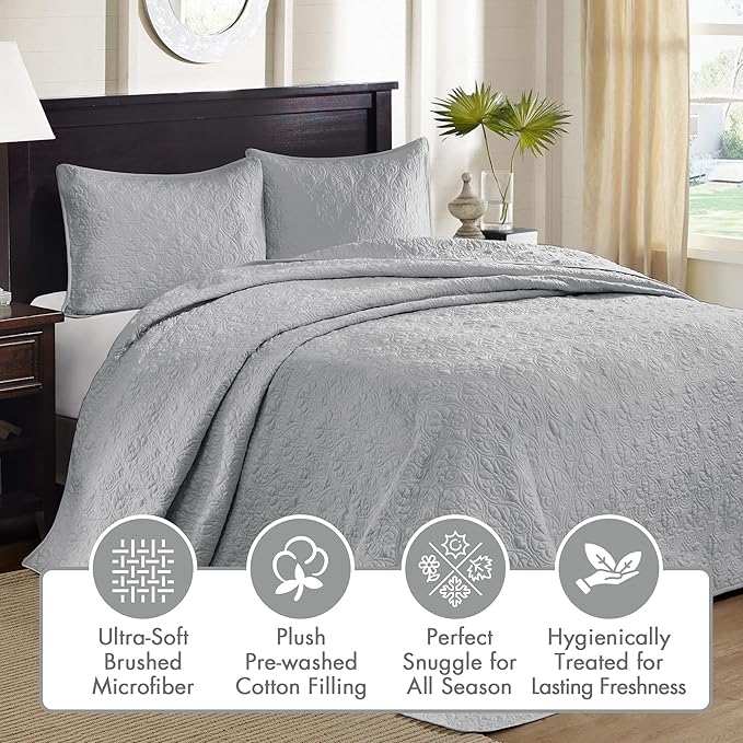 Madison Park Quebec King Size Quilt Bedding Set - Grey , Damask – 3 Piece Bedding Quilt Coverlets – Ultra Soft Microfiber Bed Quilts Quilted Coverlet