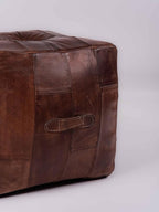 Handmade Eco-Friendly Geometric Leather Pouf Brown Color Square 16" x 16" x 16" Buffalo Leather Pouf for Living Room, Bedroom Seating, Patio
