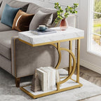 Tribesigns Narrow Side Table White Gold C Shaped End Table Modern Bedside Tables Small Chairside Table for Couch, Sofa Table with Metal Frame for Living Room (1, White+Gold)