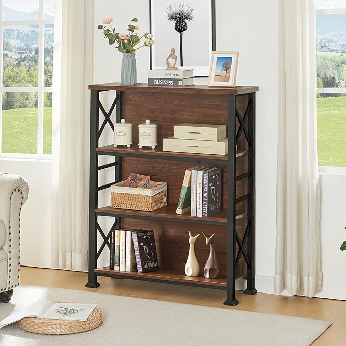HOMBAZAAR Book Shelf,4 Tier Short Bookshelf with Metal Frame and Backboard,Rustic Brown Deep Bookcase with Engineered Wood Shelves,Shelf Bookcase for Living Room,Bedroom and Office