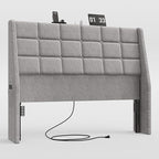 ONBRILL Ergonomic Upholstered Full Size Headboard w/Charging Station, Linen Wingback Headboards w/Storage Pocket, Full Headboard Only, Bed Frame Adapters, Sturdy Solid Wood Bed Head Board, Light Grey
