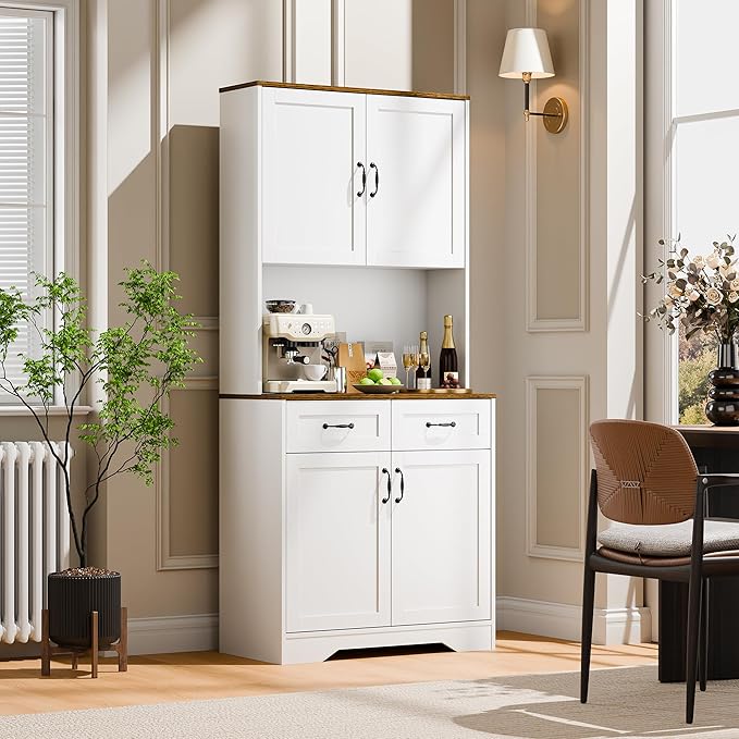 Cozy Castle Pantry Cabinet, Farmhouse Kitchen Hutch Cabinet with Storage Drawers Freestanding Coffee Bar Liquor Sideboard Large Countertop Cupboard for Dining Room, Living Room, 71'' Tall White