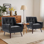Faux Leather Accent Chairs Set of 4, Mid-Century Modern Upholstered Armchair, Comfy Living Room Chairs Reading Chairs with Button Tufted Back & Solid Wood Legs for Bedroom, Office, Black