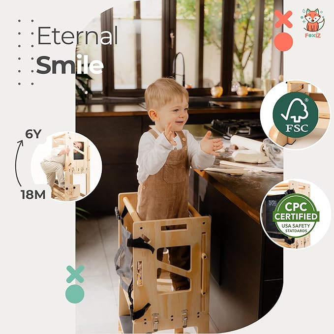 4-in-1 Montessori Smart Learning Tower – Convertible Toddler Step Stool, Activity Table & Chalkboard Center, Adjustable Height with Safety Net – Premium Eco-Friendly Wooden Design for Kids 1–3