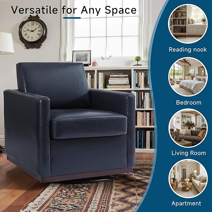 Pia Ricco Single Swivel Barrel Chair, Modern Accent Armchair in Easy-Clean PU Leather, Mid-Century Style for Living Room or Home Office, Navy