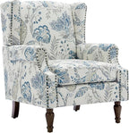 UIXE High Back Floral Accent Chair, Fabric Upholstered Armchair Wingback Chair for Living Room, Nailhead Trim Single Sofa Bedroom Side Reading Seat - Plants Blue