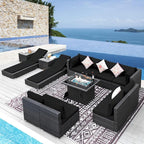 NICESOUL 13 Piece Outdoor Patio Furniture Set with Fire Pit, All-Weather Wicker Modular Outdoor Sectional with Chaise Lounge, Big Large 10-People Wide Deep Sitting Sofa for Backyard, Deck, Grey&Black