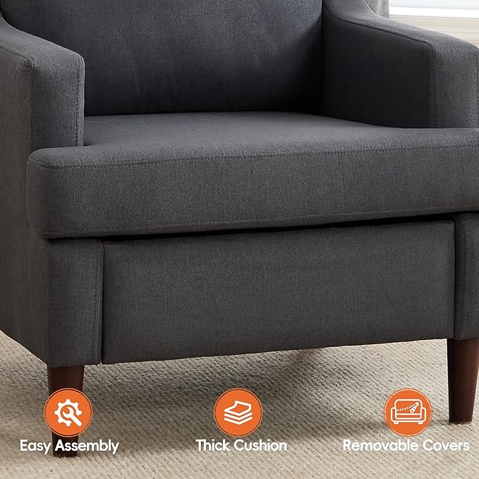 Mid-Century Accent Chair Modern Linen Fabric Armchair for Living Room,Comfy Upholstered Reading Chairs for Bedroom,Single Sofa Chair with Wood Legs (Darkgrey, Set of 1)