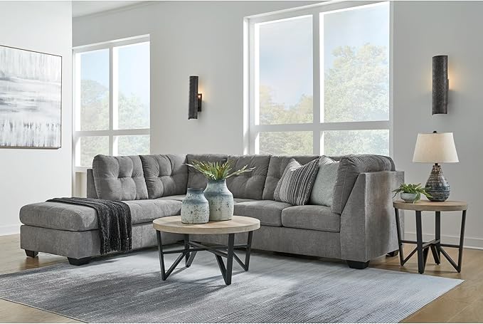 Signature Design by Ashley Marleton Contemporary Left-Arm Facing Tufted 2-Piece Sleeper Sectional with Chaise, Loose Seat Cushions and Bi-Fold Memory Foam Mattress, Full, Light Gray