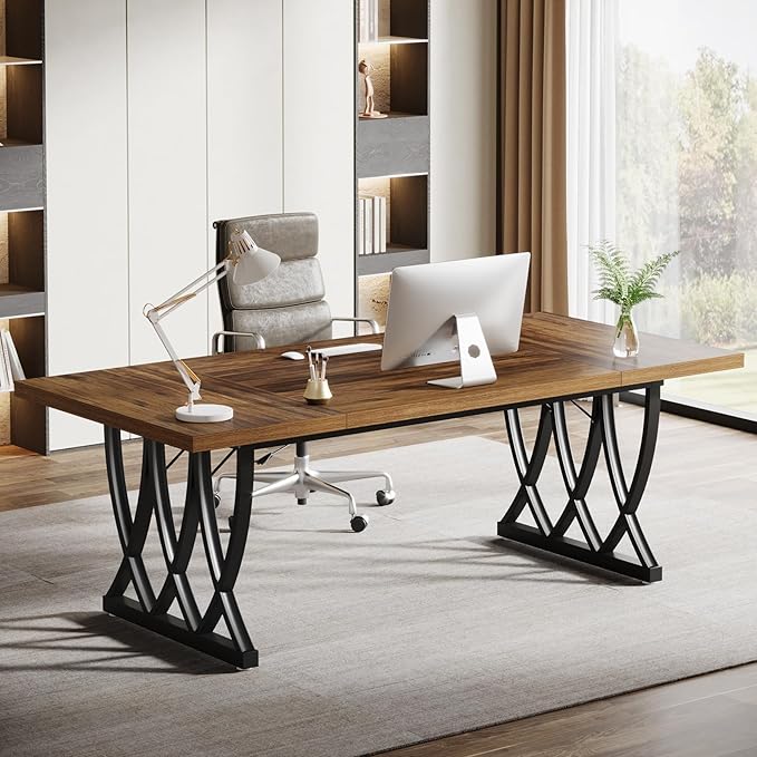 Tribesigns 70.86-Inch Executive Desk, Large Home Office Desk Computer Desk with Thick Metal Frame, Rectangle Study Writing Table Workstation for Home Office (Retro Brown & Black)