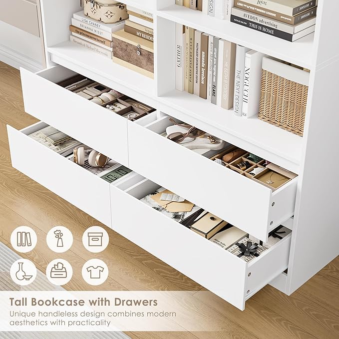 FINETONES 71" White Bookshelf with Drawers, 47.3" Double Wide Bookshelves and Bookcases with Storage, Tall Bookshelf Large Open Book Shelf Standing Book Case for Home Office, White