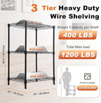 Whitmor 3 Tier Storage Shelves, Heavy Duty Metal Shelving, 400 lbs Capacity per Shelf, 1200 lbs Total, Easy Assembly for Kitchen, Garage, Plant, 18" L x 12" W x 26.4" H, Black