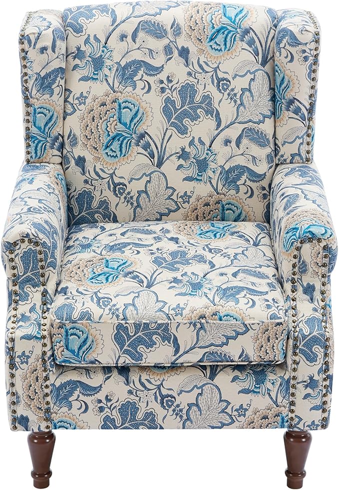 Pia Ricco Set of 2 Floral Accent Chairs, High Back Upholstered Armchairs with Retro Wingback Design, Nailhead Trim & Solid Wood Legs for Living Room Bedroom(Flower Blue)
