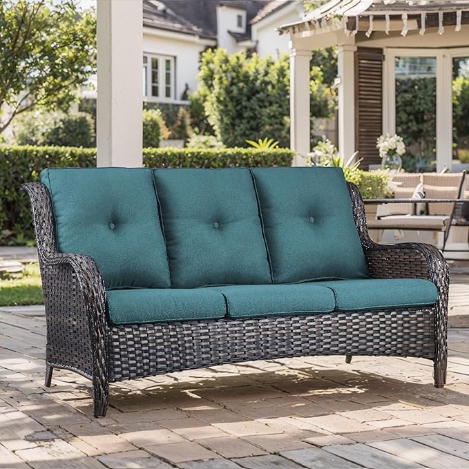 Outdoor Chair Cushion Set of 3, Waterproof Outdoor Seat Cushions 25x22 , Patio Chair Cushions for Outdoor Furniture, Couch Cushion Replacement, Include 3 Back & 3 Seat Cushions, Button/PeacockGreen