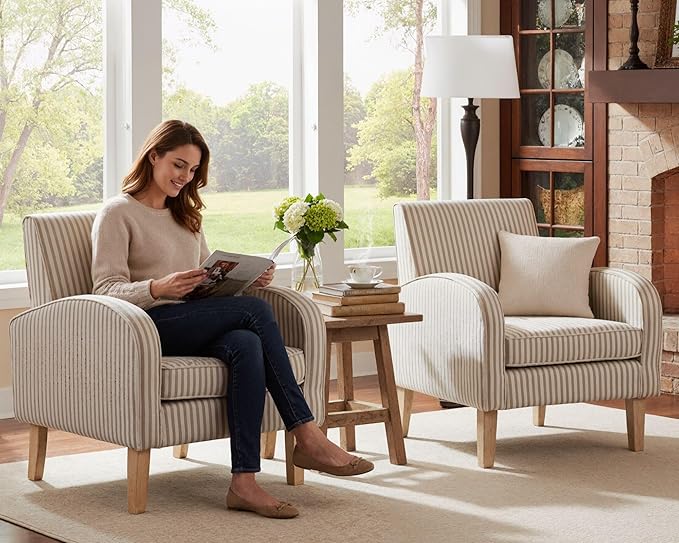 Farmhouse Striped Accent Chairs for Living Room Set of 2, Linen Fabric Modern Comfy Armchairs with Cushion, Upholstered Striped Reading Chairs for Bedroom Couch Chair with Wood Legs, Khaki
