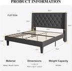 SHA CERLIN Full Size Upholstered Platform Bed Frame with Wingback Headboard, Tufted Linen Fabric, Wooden Slats Support, Easy Assembly, No Box Spring Needed, Dark Grey