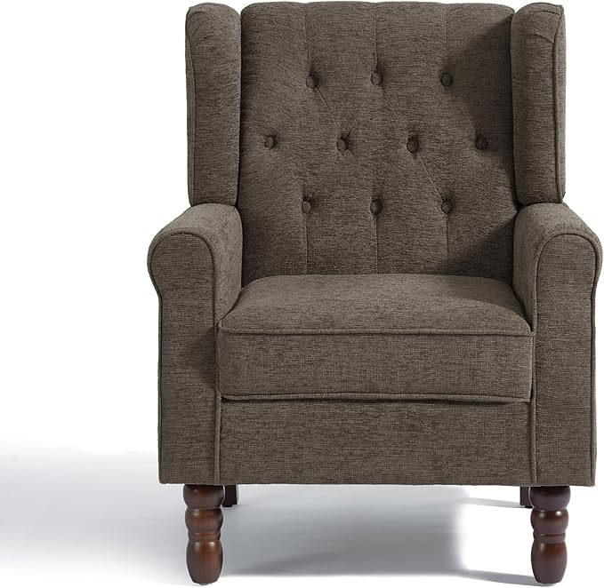 UIXE High Back Accent Chair, Fabric Upholstered Armchair Comfy Wingback Arm Club Chair for Living Room, Retro Single Sofa Bedroom Reading Seat with Solid Wood Legs - Taupe