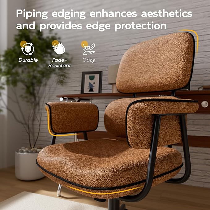 Fabric Office Chair with Granular Linen, Mid Back Vintage Desk Chair with Wheels and Wide Arms, Mid Century Modern Home Office Desk Chairs with Molded Cotton Seat Cushion, Adjustable Height, Brown