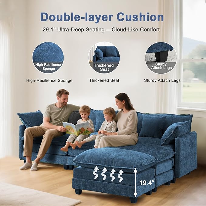 111.4" U Shaped Cloud Couch Sectional with 2 Ottoman｜Modular Chenille Sofa with 29.1" Deep Seat｜FSC Solid Wood Frame｜Easy Assembly & 1YR Guarantee｜for Living Room Bedroom Apartment