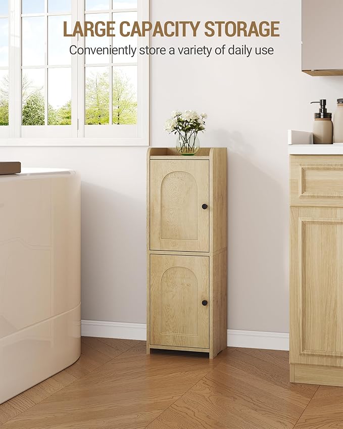 Bathroom Storage Cabinet, Corner Floor Cabinet with 2 Doors and Adjustable Shelf, Narrow Toilet Paper Cabinets, Bathroom Organizer for Small Spaces, 7.9" D x 9.8" W x 29.5" H Yellow