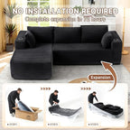 106" Cloud Couch Corduroy Modular Sectional Sofa L-Shape Boneless Couch with Wide Armrests and Cup Holders for Living Room Bedroom, No Assembly Required (Black)