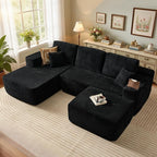 106" Cloud Sectional Couch with L-Shape Chaise & Ottoman, No Assembly Modular Sofa, Deep Seat Corduroy Boneless Couched for Living Room (Black Stripe Corduroy, Left Facing Chaise with Ottoman)