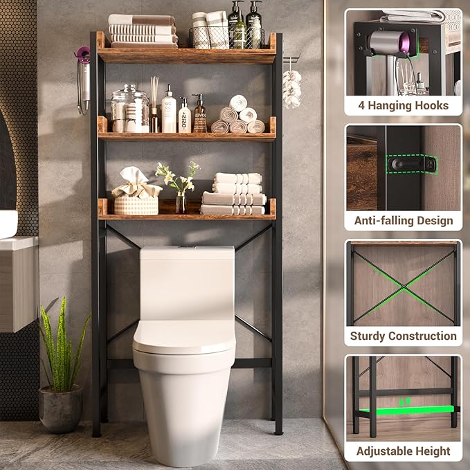 Over The Toilet Storage Rack - 3 Tier Bathroom Organizer with Shelves, Freestanding Space Saver Storage Rack Above Toilet Stand with 4 Hooks for Restroom, Laundry, Rustic Brown