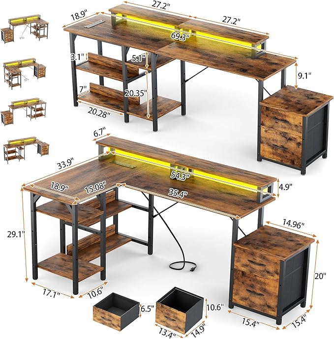 Office Desk L Shape with File Drawers&Power Outlet,YOUNGAR 69.3 Inch Reversible L Shaped Computer Desks,Corner L Shape or Long Desk Set up Monitor Stand &Storage Shelves, LED Lights &CPU Stand,Vintage