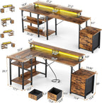 Office Desk L Shape with File Drawers&Power Outlet,YOUNGAR 69.3 Inch Reversible L Shaped Computer Desks,Corner L Shape or Long Desk Set up Monitor Stand &Storage Shelves, LED Lights &CPU Stand,Vintage