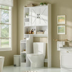 Over The Toilet Storage Cabinet with Barn Doors, Rustic Bathroom Organizer, Space-Saving Shelf for Laundry, White