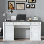 Farmhouse Executive Desk with Storage Drawers and File Cabinet, 60" Vintage Home Office Desk with Power Outlet and Roman Column, Wood Computer Desk with Keyboard Tray for Work and Study, Antique White