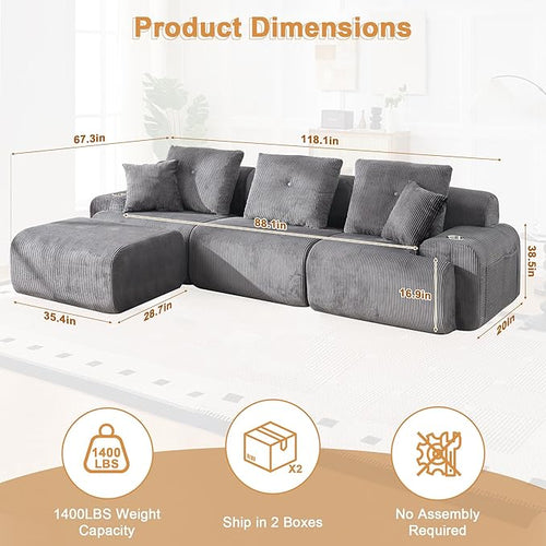 118" Modular Sectional Sofa, Cloud Sectional Couch with Deep Seat, Modern Modular Sofa with L Shaped Comfy Cloud Upholstered Boneless Couches for Living Room Bedroom, Grey