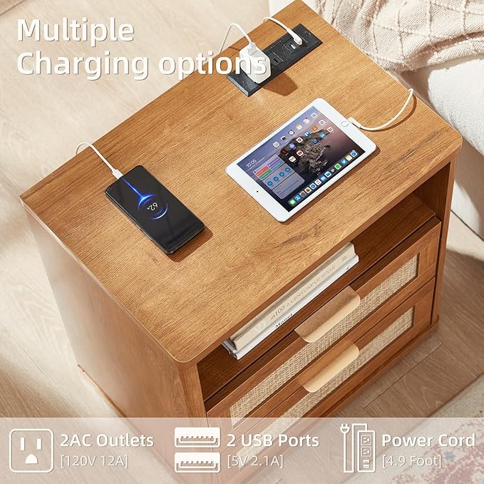 LEYAOYAO Rattan Night Stand with Charger Station, 23" Wide Boho Nightstand with 2 Drawers, Natural Wood Bedside Table Open Storage Cabinet, Bed Side End Tables Dresser for Bedroom, Living Room Hallway