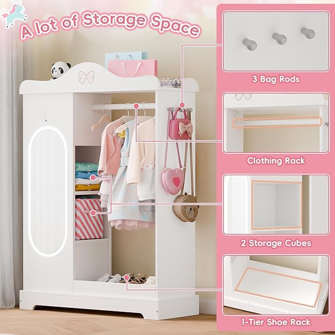 Xilingol Kids Armoire with a Jewelry Cabinet, Princess Dress Up Closet with Mirror, Kids Wardrobe Closet with Storage Shelves, Armoire Costume Organizer for Bedroom, Kids Room, Girl (White)