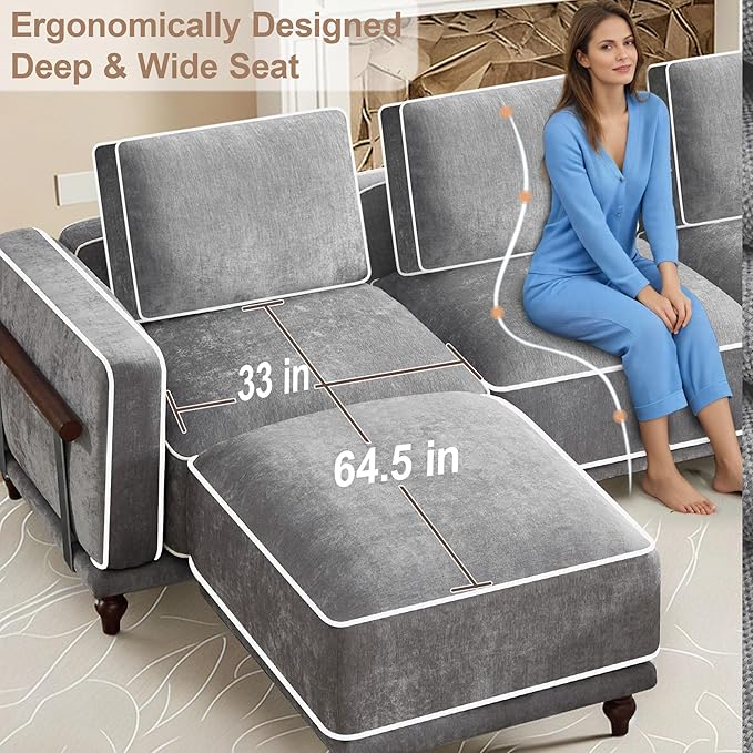 112" Cloud Modular Sectional Sofa,Oversized Deep 3 Seater Couch with Armrests Wooden Legs,Comfy Thicked Cushion Upholstered Sofa for Living Room Bedroom,Light Grey