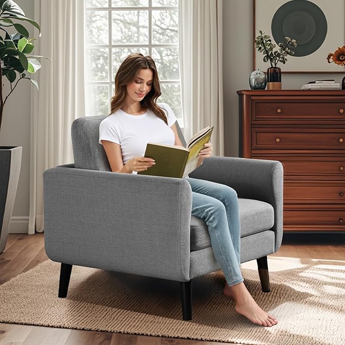 ELUCHANG Accent Chair Set of 1, Oversized Mid Century Modern Arm Chair, Soft Linen Fabric Sofa Chairs Upholstered Comfy Chair for Living Room Bedroom Apartment (Grey)