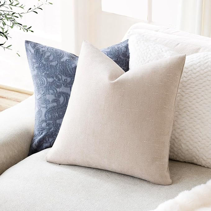 Foindtower Pack of 2 Soft Textured Throw Decorative Pillow Covers Square Accent Solid Cushion Cover Cozy Farmhouse Pillow Case with Zipper for Couch Sofa Bedroom Living Room 18x18 Inch, Light Beige