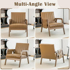EROMMY Mid Century Modern Leather Accent Chair with Wood Frame, Faux Leather Accent Armchair with Storage Bag,Pu Living Room Accent Chair for Reading, Bedroom,Light Brown