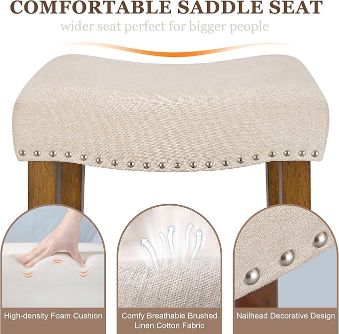 PrimeZone Counter Height Bar Stools Set of 3 - Backless Saddle Barstools with 4.3" Thick Upholstered, Nailhead Trim Linen Fabric & Solid Wood Legs, 26 Inch Counter Stools for Kitchen Island, Beige