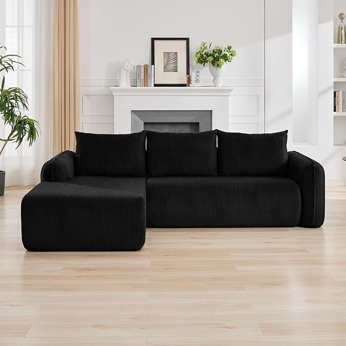 103'' Boneless Corduroy L Shaped Couch, 3 Seat Modular Sectional Deep Seat Sofa with Chaise Lounge, No Assembly Cloud Lounge Sleeper Sofa, Black