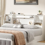King Size Headboard Only for Bed, Wood Bookcase Headboard with Charging Station & 2 LED Lights, Modern King Bookshelf Headboard with Storage, Noise-Free, Sturdy and Durable, White
