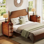 Tribesigns Solid Wood End Table Set of 2, 3-Drawer Rattan Side Table, Night Stand with 3 Rattan Drawers and Exquisite Embossed Handles for Living Room, No Assembly Required (Walnut & Oak)