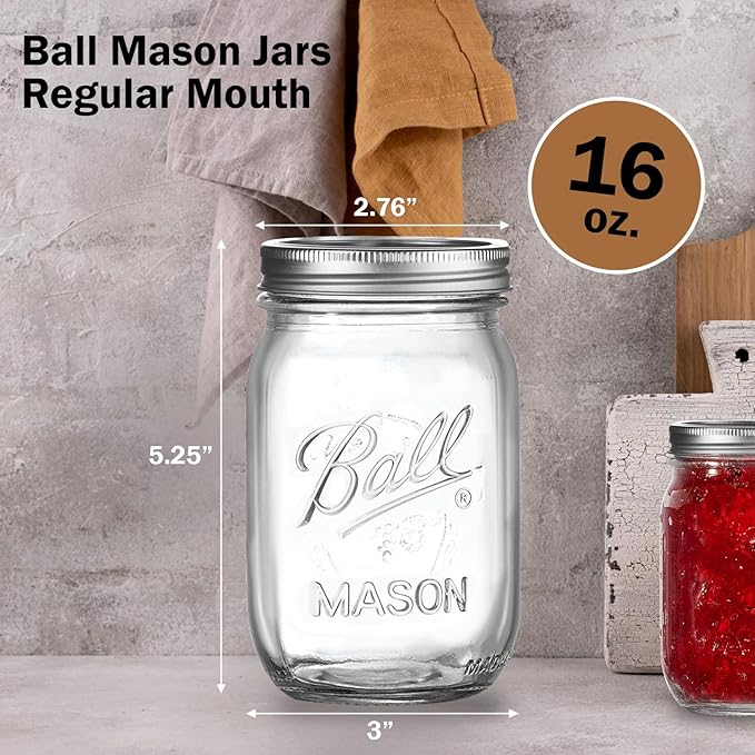 Ball Regular Mouth Mason Jars 16 oz. (12 Pack) - Pint Size Jars with Airtight Lids and Bands for Canning, Fermenting, Pickling, Meal Prep or DIY Decors and Projects Bundled with Peaknip Jar Opener