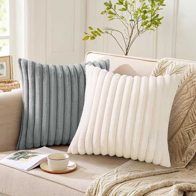 Pallene Faux Fur Plush Christmas Throw Pillow Covers 24x24 Set of 2, Luxury Soft Fluffy Striped Decorative Pillow Covers for Sofa, Couch, Living Room, Cream White