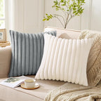 Pallene Faux Fur Plush Christmas Throw Pillow Covers 24x24 Set of 2, Luxury Soft Fluffy Striped Decorative Pillow Covers for Sofa, Couch, Living Room, Cream White